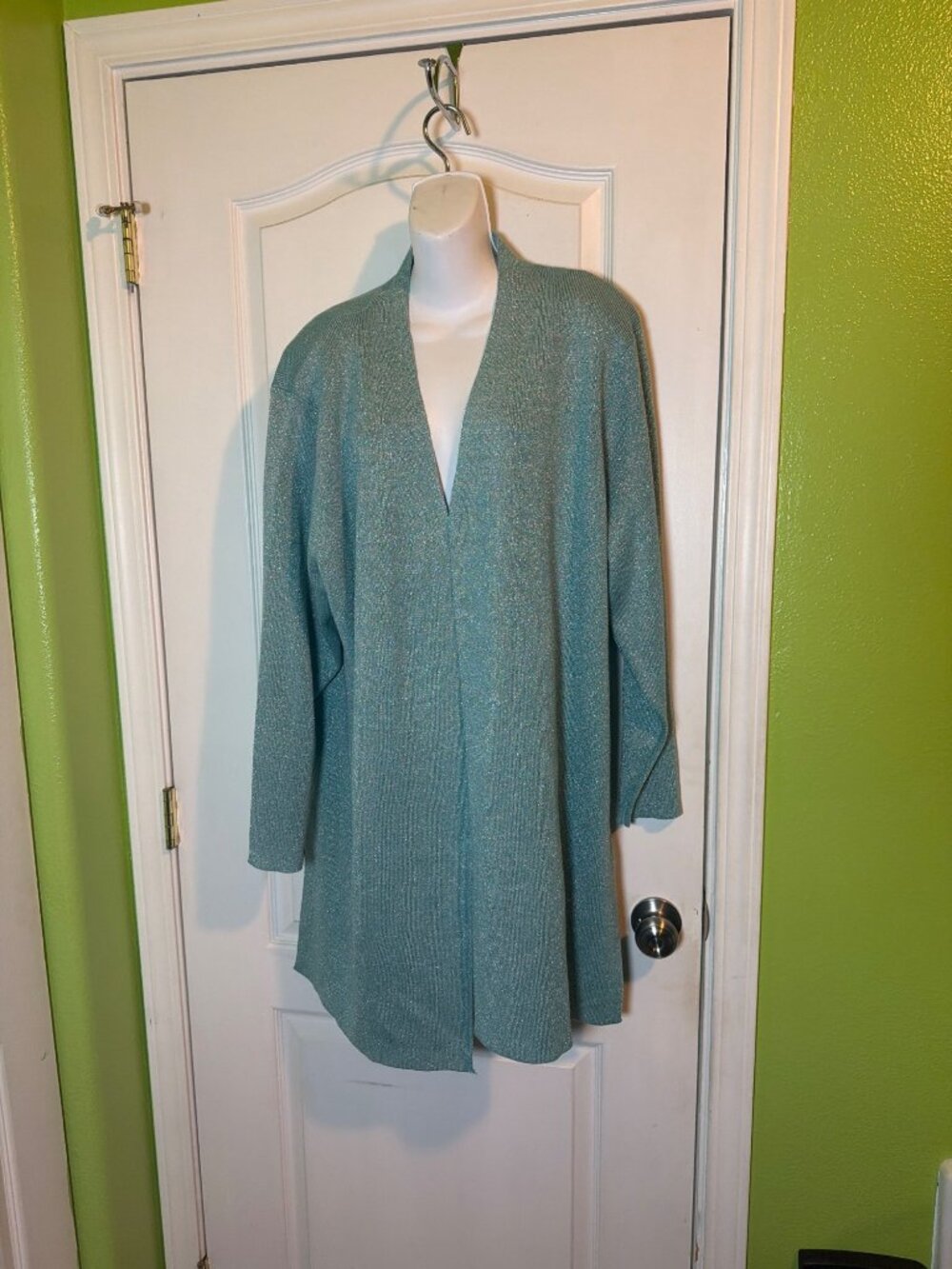 Susan Graver Style Open-Front Turquoise Glitter Cardigan With Metallic Sheen 2X